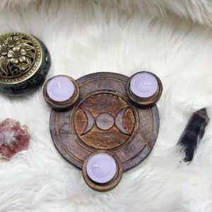 Wood Triple Moon Tealight Candle Holder